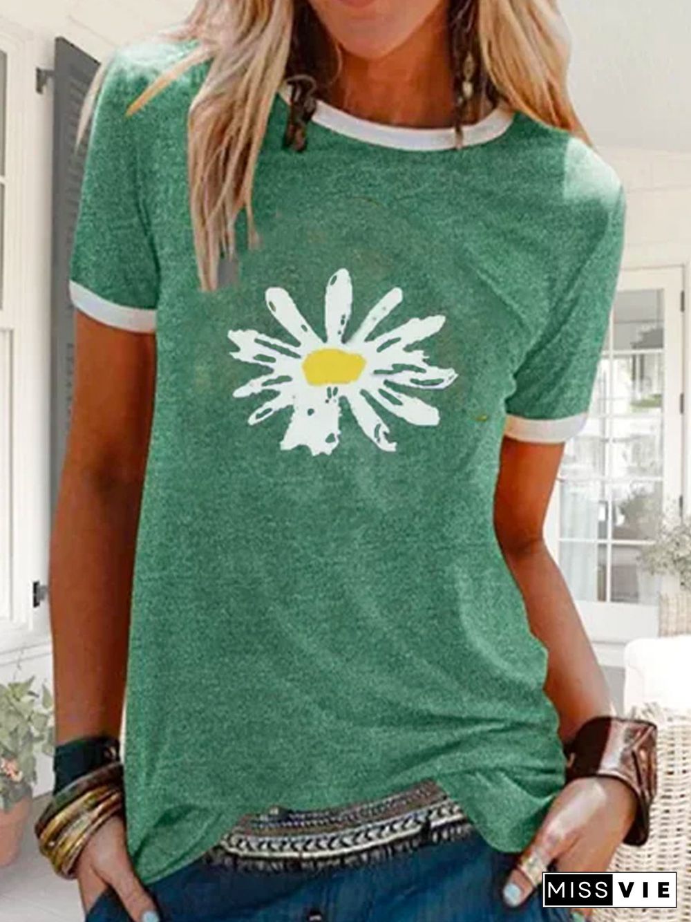 Women Floral Print Short Sleeve Round Neck T-Shirts Tops