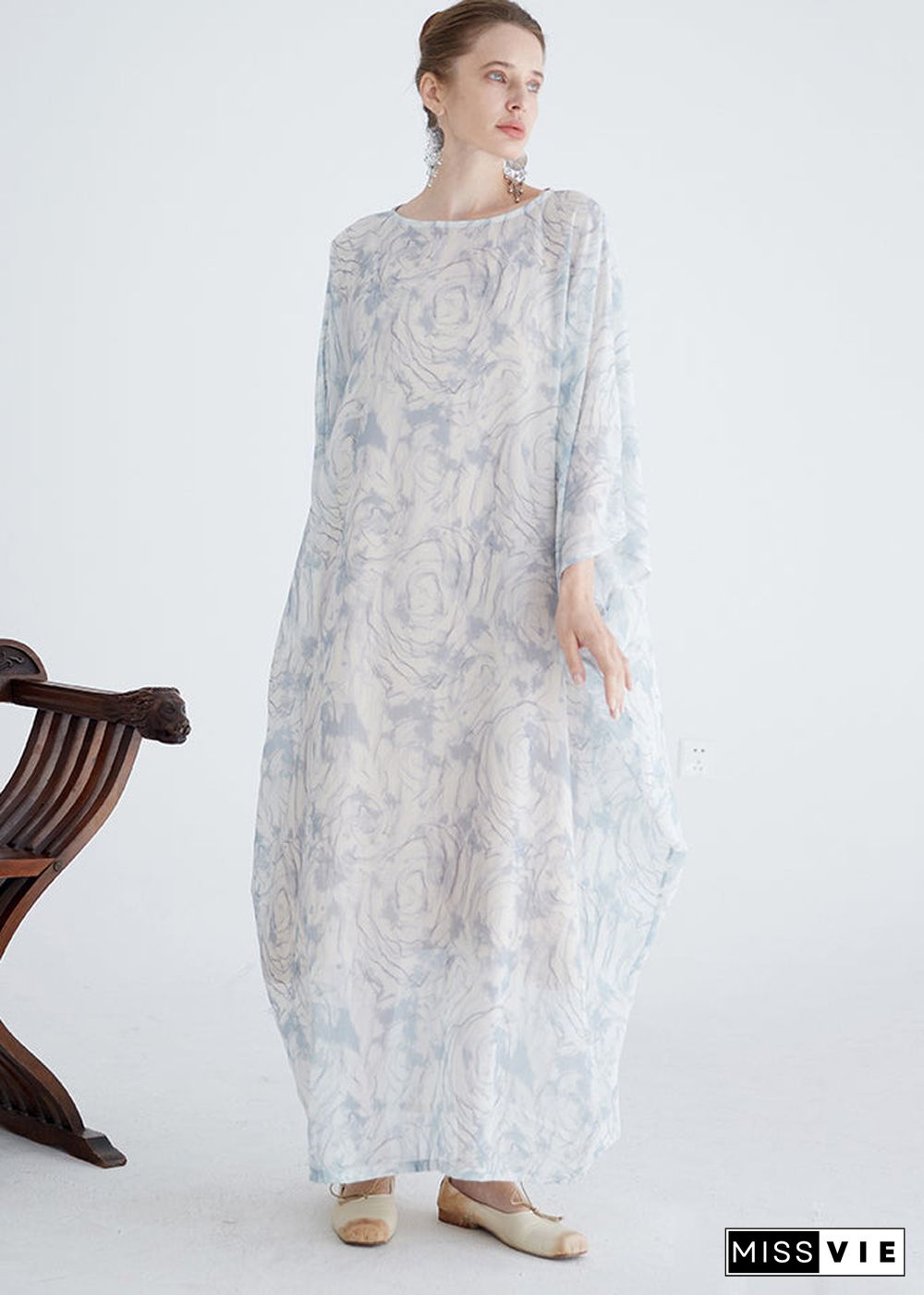 Italian White O Neck Print Cotton Robe Dresses Batwing Sleeve