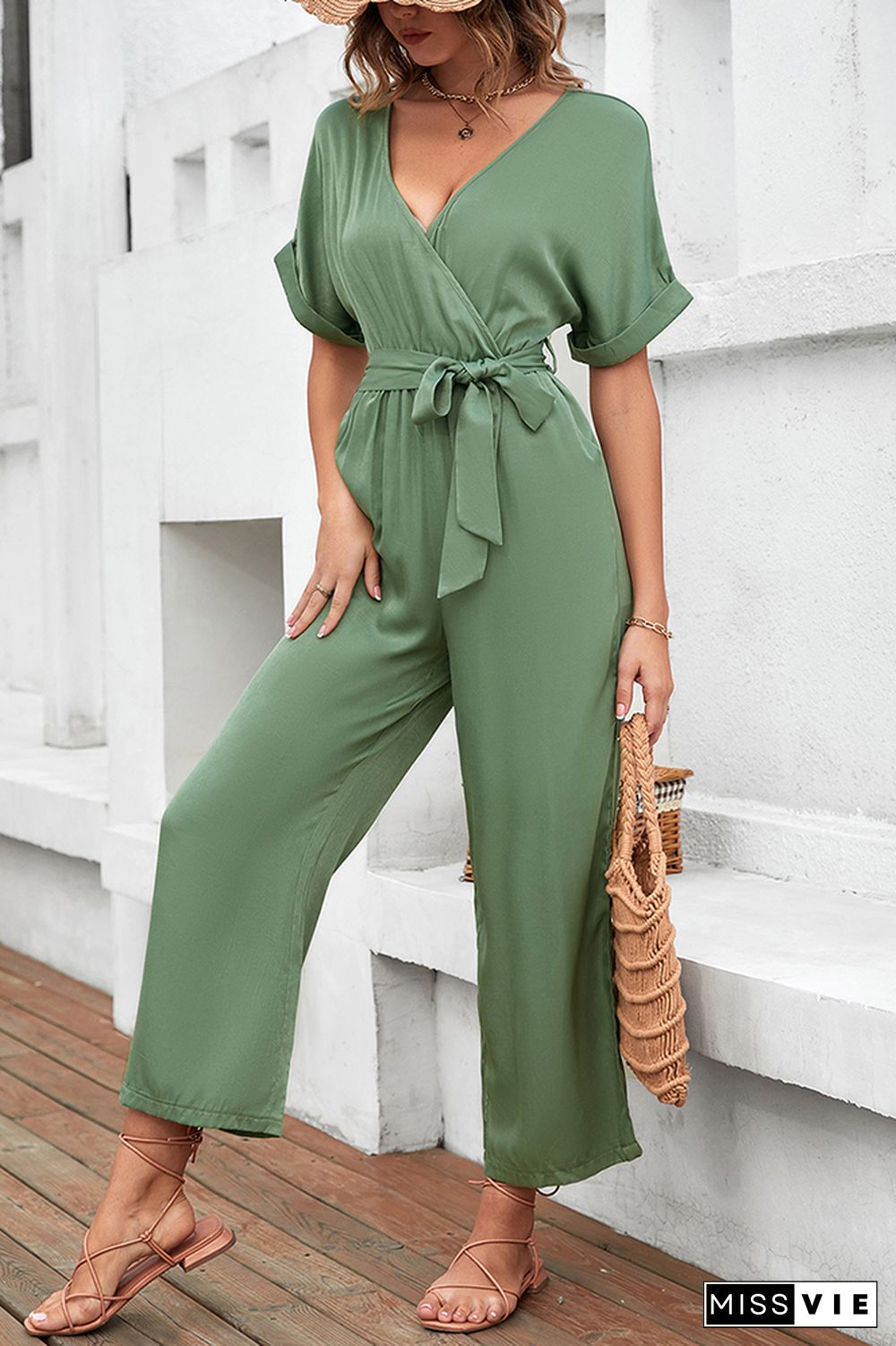 Solid Color Short Sleeve Long Pants Jumpsuit Wholesale