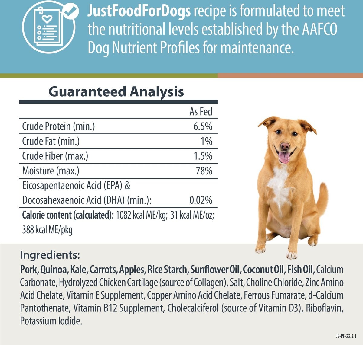 JustFoodForDogs PantryFresh Joint and Skin Support Recipe Fresh Dog Food， 12.5-oz pouch， case of 12