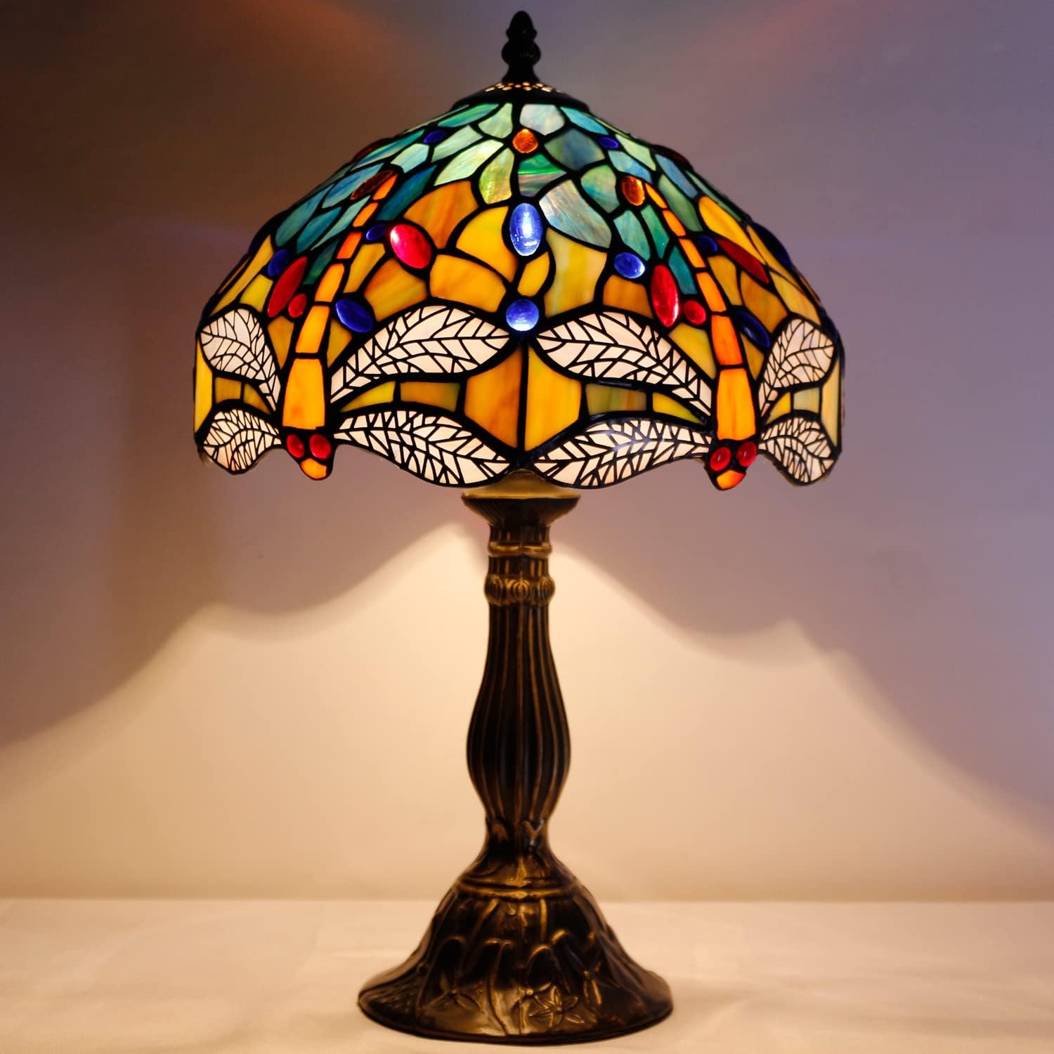 GEDUBIUBOO Tiffany Lamp Sea Blue Yellow Stained Glass Dragonfly Style Table Lamp Nautical Reading Desk Bedside Light 12X12X18 Inches Decor Bedroom Living Room  Office S128 Series