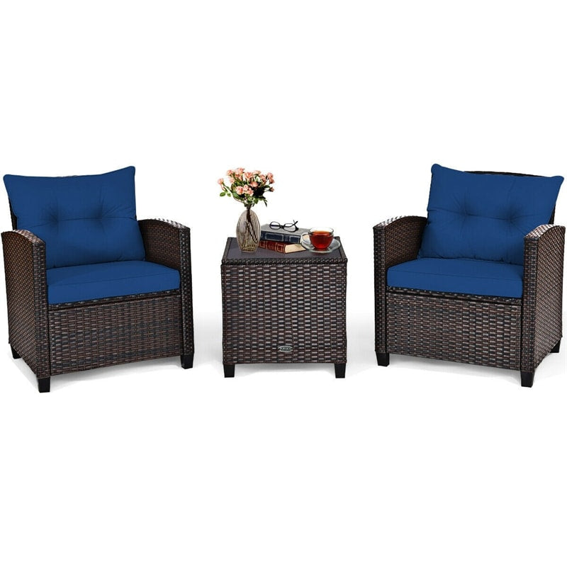 3 Pcs Rattan Patio Conversation Set Outdoor Wicker Sofa Set with Washable Cushions & Coffee Table