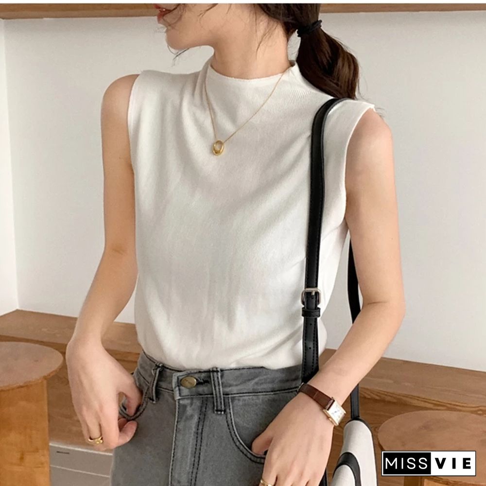 Sexy Knitted Top Summer Turtleneck Tank Top Women Camisole Blouse Sleeveless Slim Top Female Sleveless T-shirt Vest Casual Cami