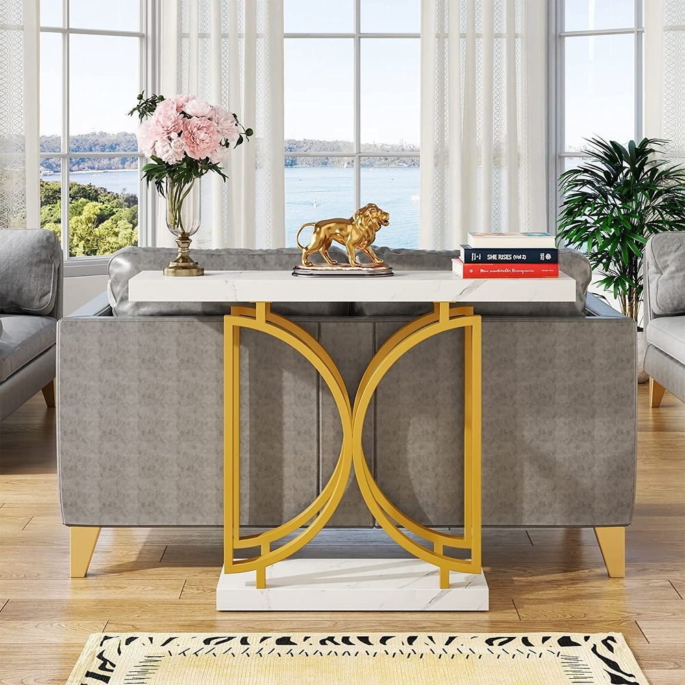 Gold Console Table  Faux Marble Entry Sofa Table for Hallway  Entryway