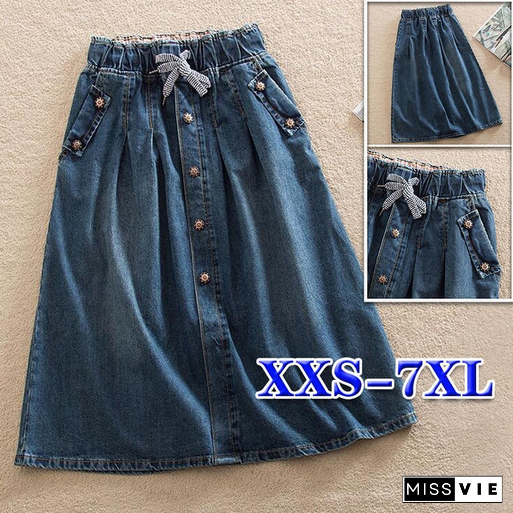 New Women Skirts Summer Lace Up Elastic Waist Denim Skirts Loose Casual Female A-Line Skirts Jeans Saia Faldas Plus Size7Xl