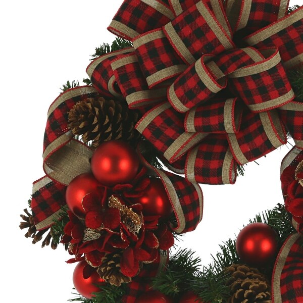 24 Christmas Holiday Evergreen Wreath with Large Plaid Bow and Pinecones