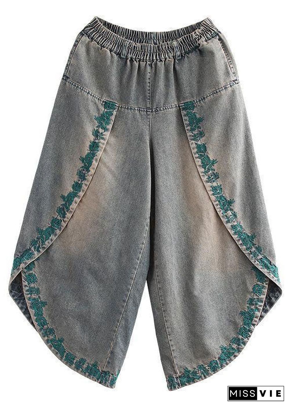 French Blue Pockets Embroideried Fall Denim Wide Leg Pants