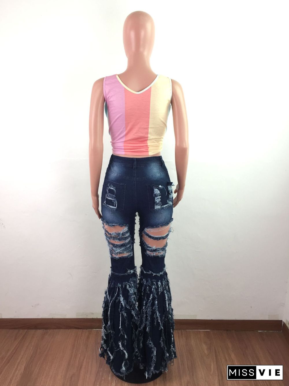 Fringed Hand-worn Flared Middle Waist Denim Pants