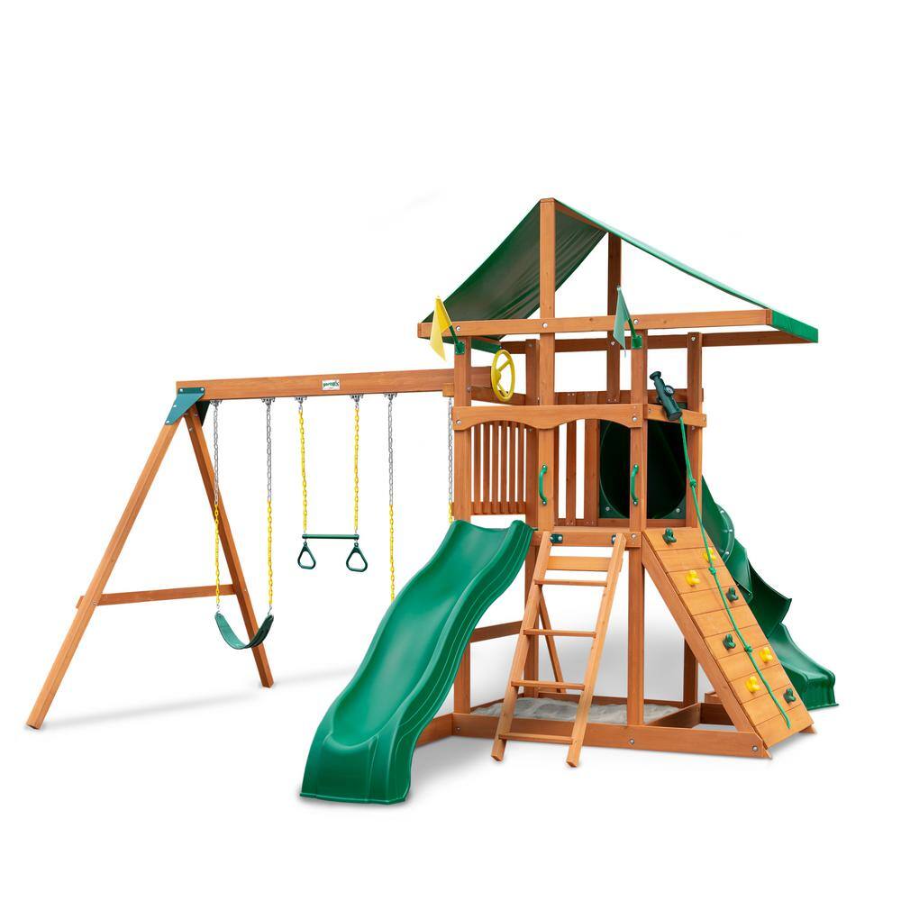 Gorilla Playsets Outing III Wooden Outdoor Playset with Tube Slide Wave Slide Rock Wall Sandbox and Backyard Swing Set Accessories 01-1073