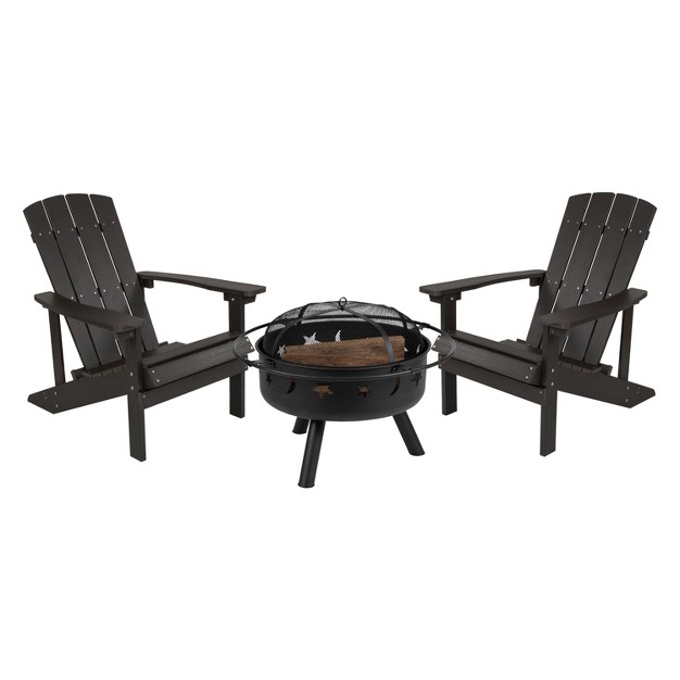 Flash Furniture 3 Piece Charlestown Poly Resin Wood Adirondack Chair Set With Fire Pit Star And Moon Fire Pit With Mesh Cover