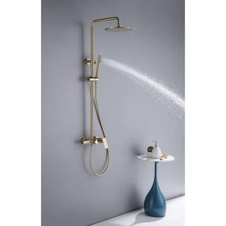 IHOMEadore 1-Spray Patterns with 1.8 GPM 10 in. Wall Mount Dual Shower Heads with Handheld Shower Head Set in Brushed Gold JK-RWST81005BG