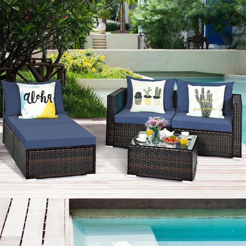 5 Pcs Rattan Wicker Outdoor Patio Sectional Furniture Set with Coffee Table & Cushions