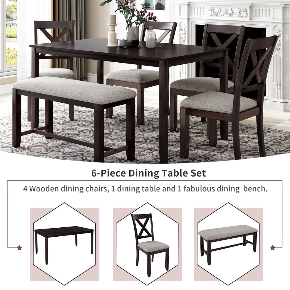 Merax Wooden 6 Piece Kitchen Dining Set with Bench and 4 Dining Chairs