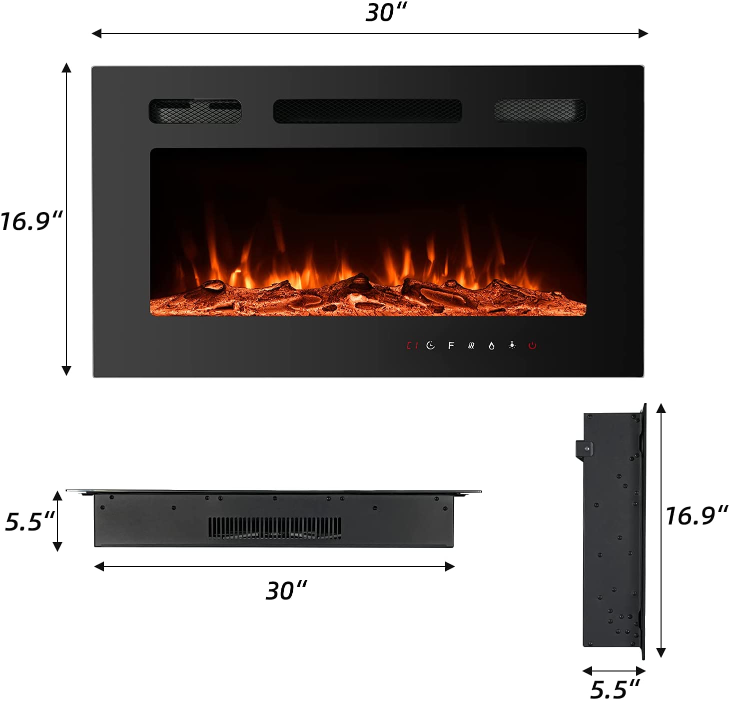 YOLENY 30 inch Electric Fireplace with Free Standing, Wall Mounted Fireplace Insert Heater with Touch Screen Control Panel, Recessed Electric Fireplace, 12 Color LED Flamer, 750/1500W