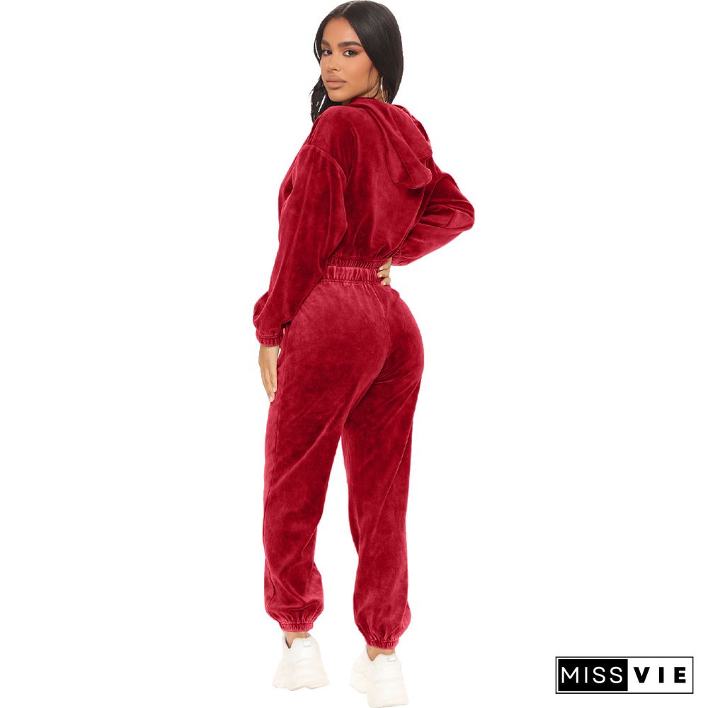 Velvet Hooded Crop Top Full Pants Two Piece Set