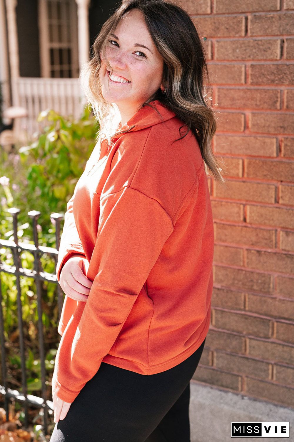 Orange O-ring Zipper Pocketed Plus Size Sweatshirt