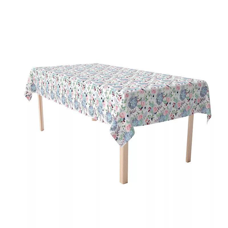 Rectangular Tablecloth， 100% Cotton， 52x104， Pink Roses and Succulents