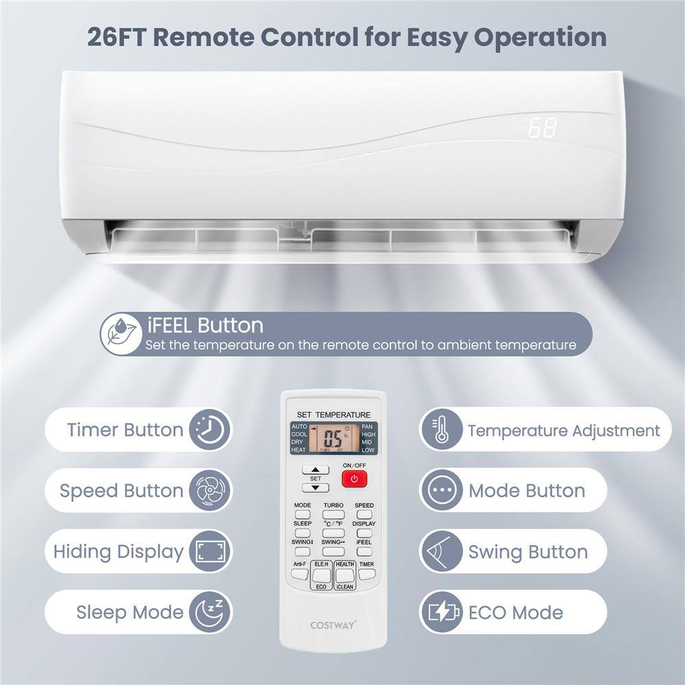 Costway 12000 DOE BTU Mini Split Air Conditioner Cools 750 Sq. Ft. with Heater with Remote 20 SEER2 115 V Wall-Mounted AC Unit FP10302US-WH+