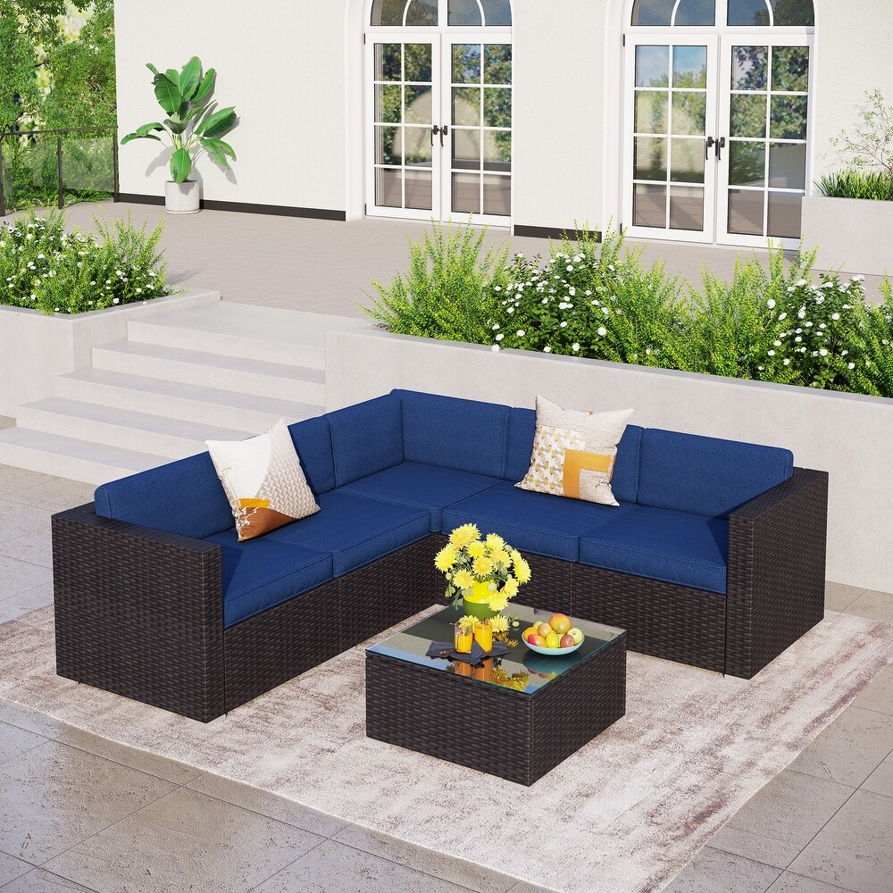 6 Piece Outdoor Sectional Sofa Rattan Patio Furniture Set Conversation Set with Tea Table