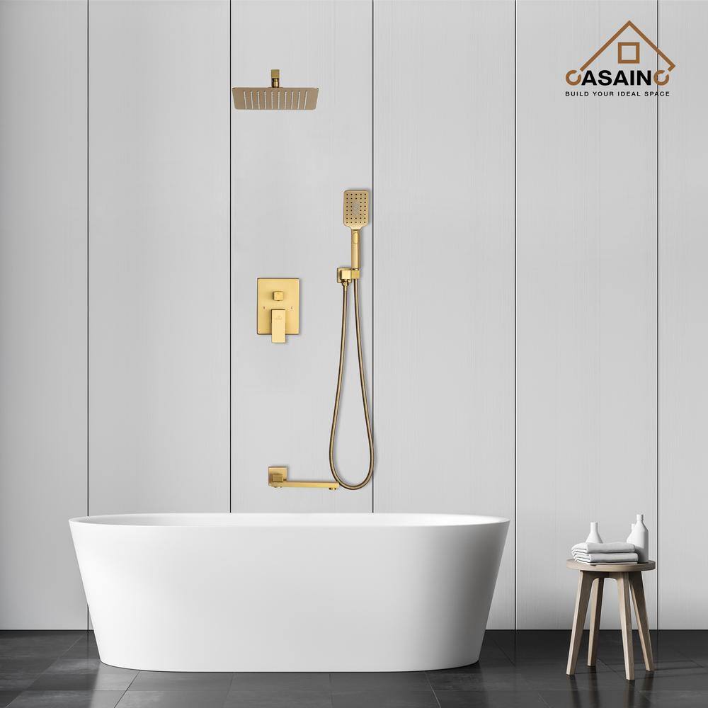 CASAINC 1-Handle 3-Spray Pattern 10 in Wall Mount Shower Head Tub and Shower Faucet Brushed Gold (Valve Included) DB-98103LSJ-10