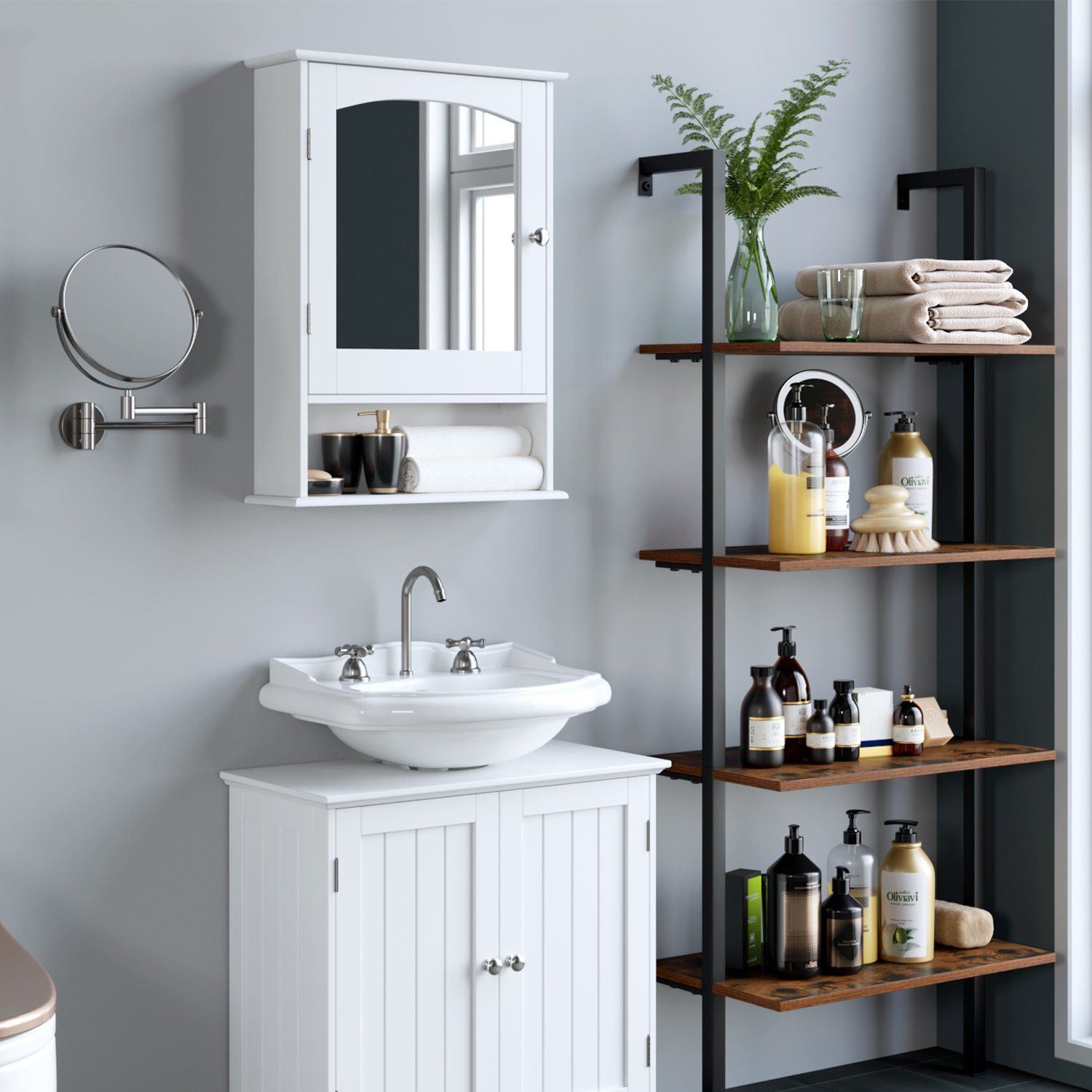 Bathroom Mirror Cabinet;  Wall Mounted Storage Cabinet With Single Door And Adjustable Shelves;  Home Decor Furniture;  White Finish