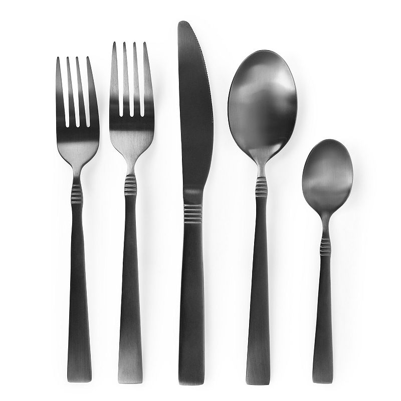 MegaChef Pro Cravat 20 Piece Flatware Utensil Set， Stainless Steel Silverware Metal Service for 4 in Matte Black