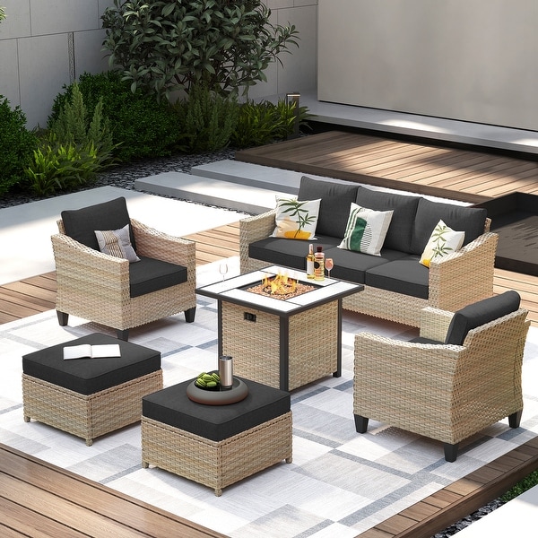 XIZZI Patio Rattan Wicker Furniture 6Piece Set with Fire Pit