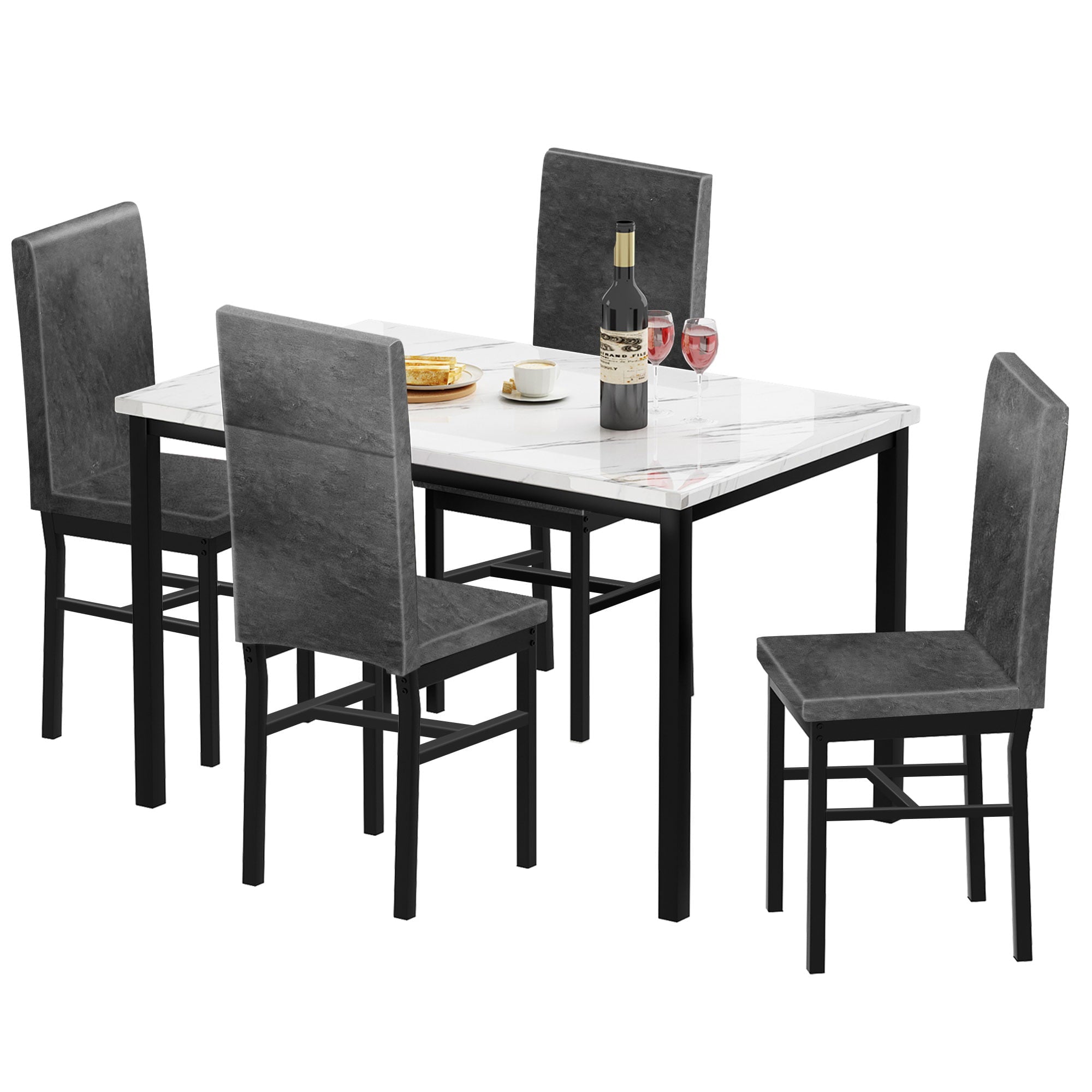 paproos Dining Table Set for 4, Modern 5-Piece Kitchen Table Set with Marble Top and Faux Leather Upholstery Chairs, Heavy Duty Dinette Sets for Breakfast Nook, Dining Room Table and Chairs, Gray