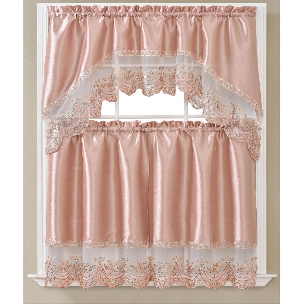 Remi 3 Piece Sequins Embroidery Kitchen Curtain Set with Swag Valance  Tier 30x36  Valance 60x36 Inches