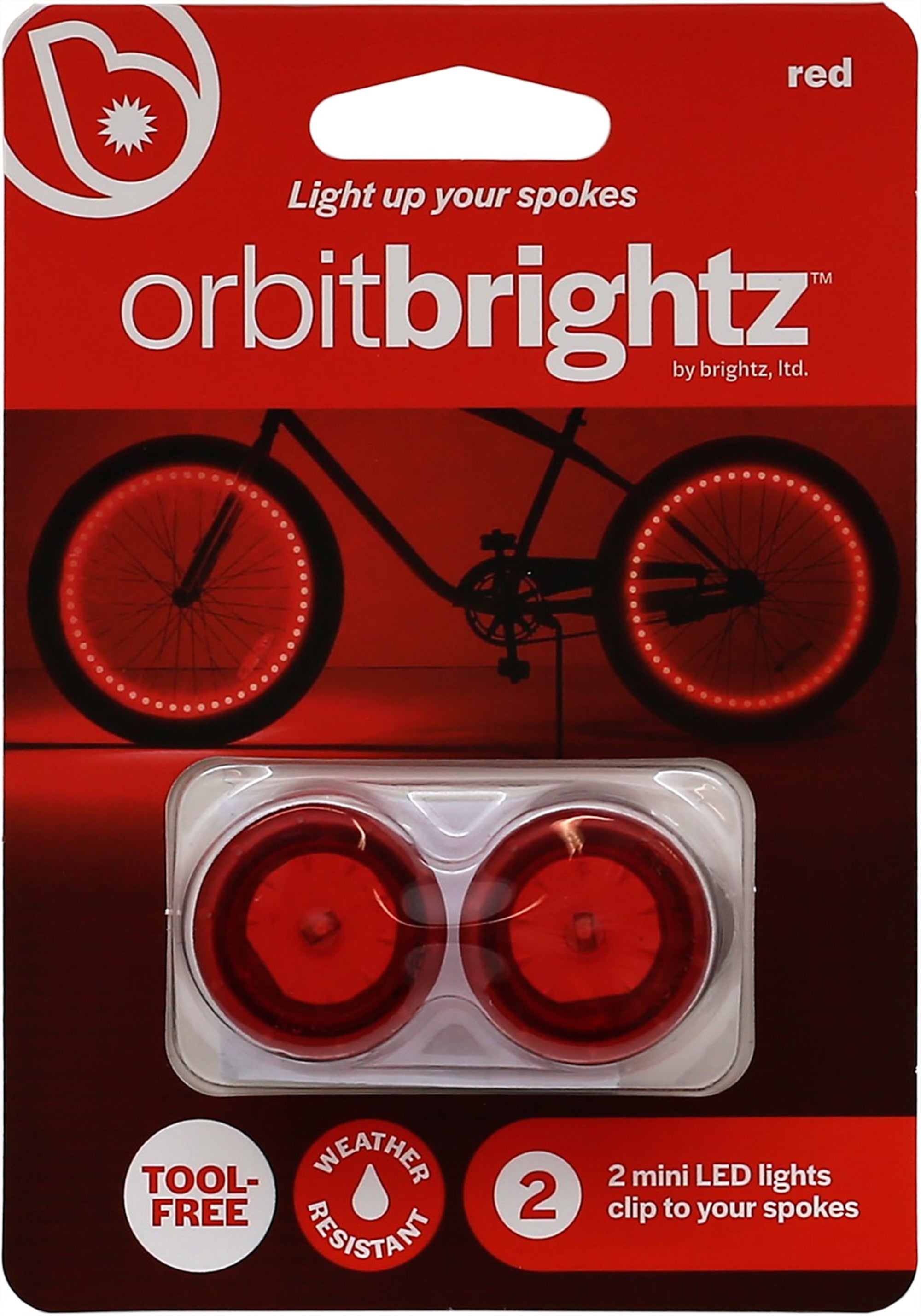 Brightz Orbit Red LED Bicycle Spoke Clip Lights， 2 Pack