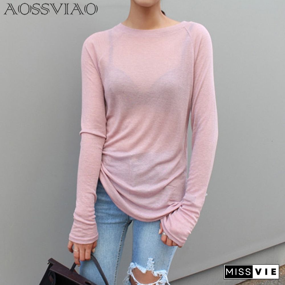 Sexy Women Long Sleeve T-Shirt O-Neck Slim Fit Warm Spring Summer Basic T-Shirts Korean Women Tops Black White Blue Pink