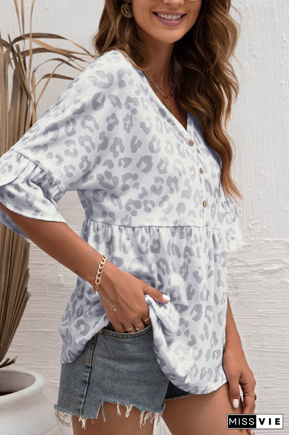 Floral Print V Neck Button Ruffle Blouse Wholesale