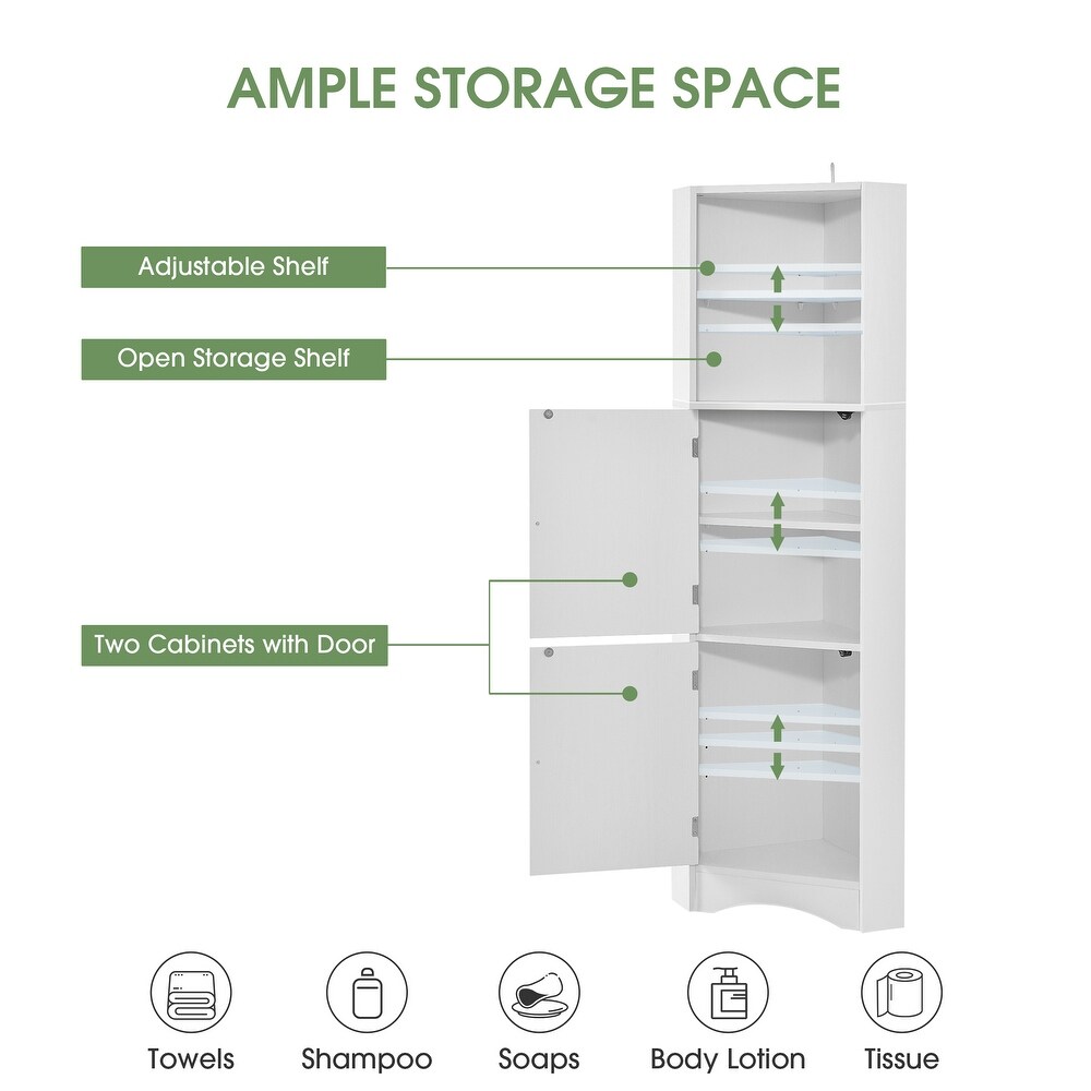 Tall Bathroom White Corner Cabinet  Freestanding Floor Storage Organizer Bookcase with Adjustable Shelves and Doors for Office