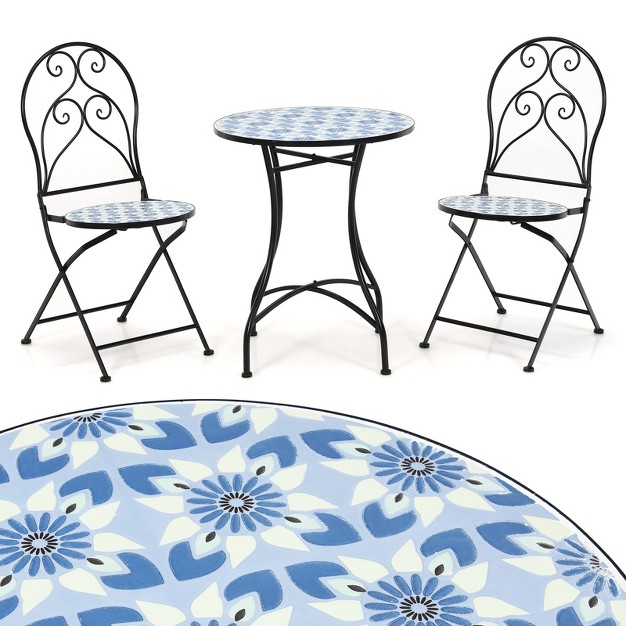 Tangkula 3pcs Patio Mosaic Design Folding Chairs Side Table Set Bistro Set Classic Furniture Chair Set For Garden