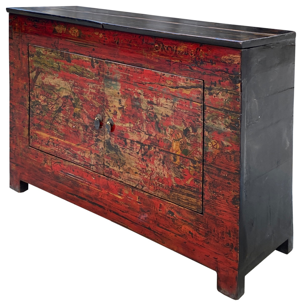 Chinese Vintage Brick Red Distressed Flower Graphic Side Table Cabinet Hcs7473   Asian   Side Tables And End Tables   by Golden Lotus Antiques  Houzz