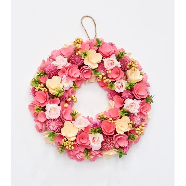 12 Valentines Pink Flower and Wood Curl Wreath