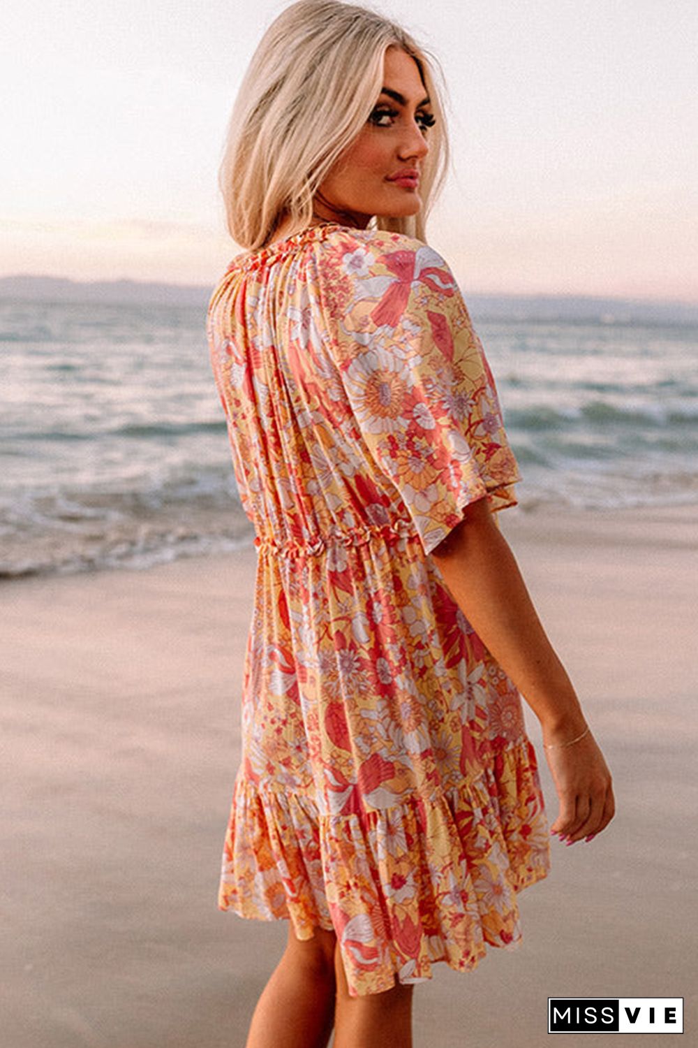 Orange Wide Flutter Sleeve Floral Dress