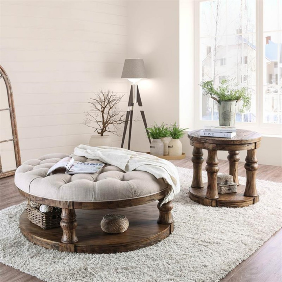 Bowery Hill Rustic Wood Round Tufted Coffee Table in Antique Oak   Farmhouse   Coffee Tables   by Homesquare  Houzz