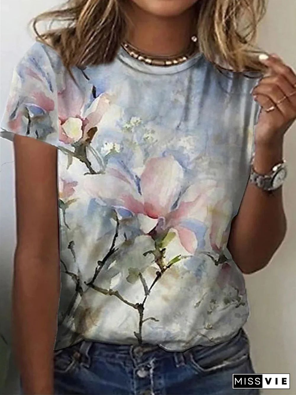 Women's Flower Print Short Sleeve Round Neck Casual Top T-Shirt