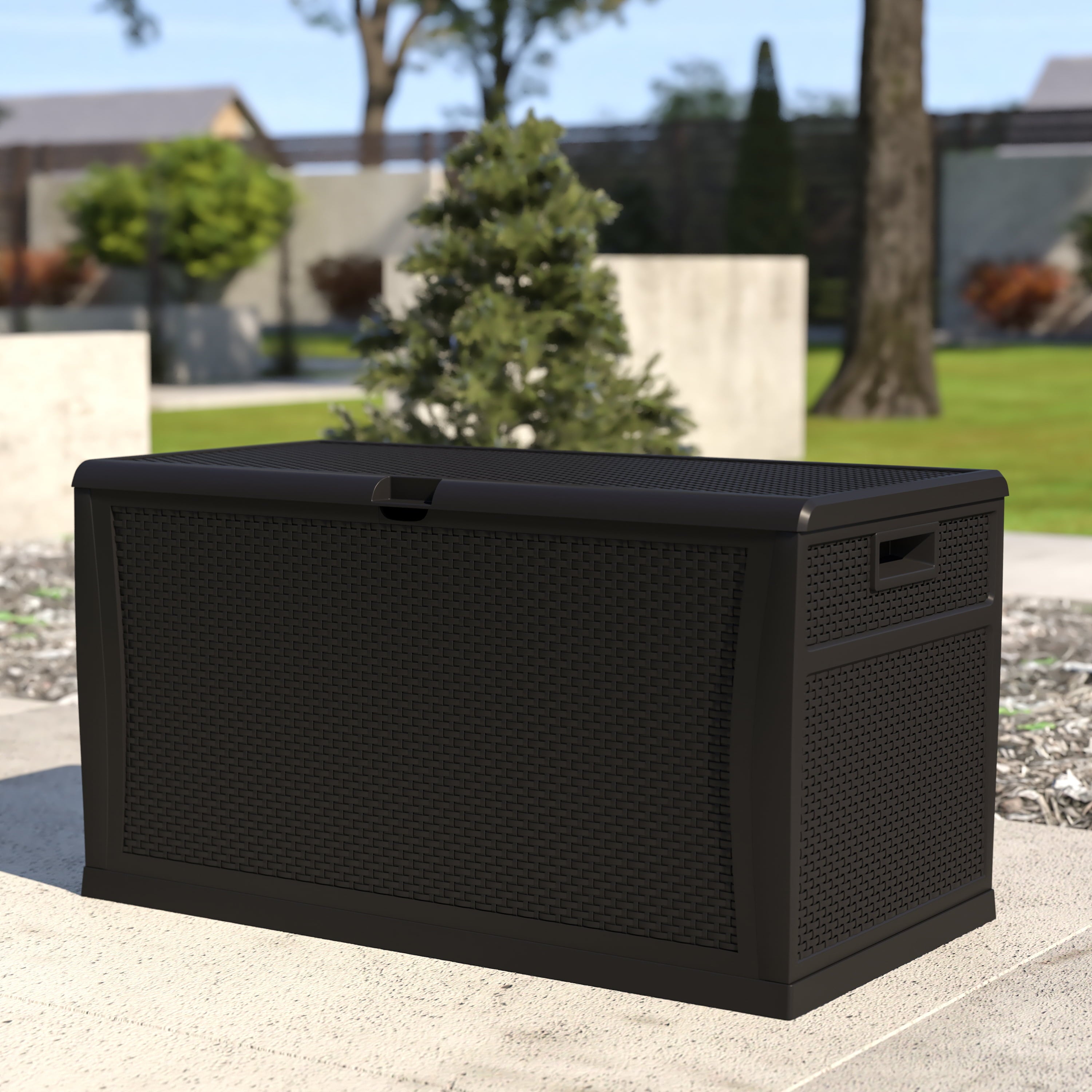 Flash Furniture 120 Gallon Plastic Deck Box - Outdoor Waterproof Storage Box for Patio Cushions, Garden Tools and Pool Toys, Black