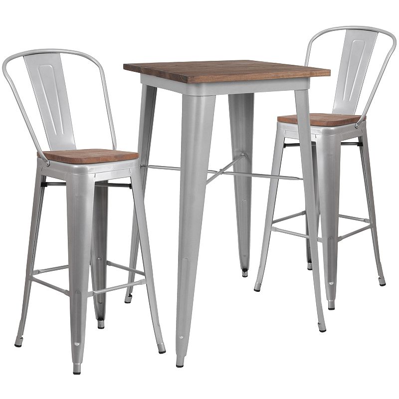 Emma and Oliver 23.5 Square Black Metal/Wood Bar Table Set - 2 Stools