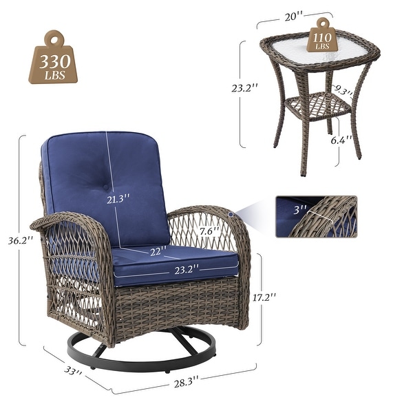 COZYMAN Outdoor Patio 3Piece Wicker Conversation Set Swivel Rocking Chat Chairs