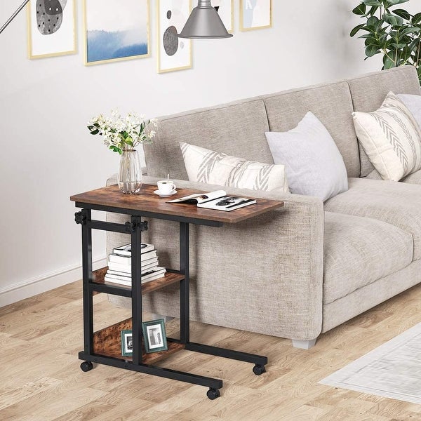 Height Adjustable C Table with Storage Shelves and Wheels， Mobile Sofa Side Table End Table Snack Table