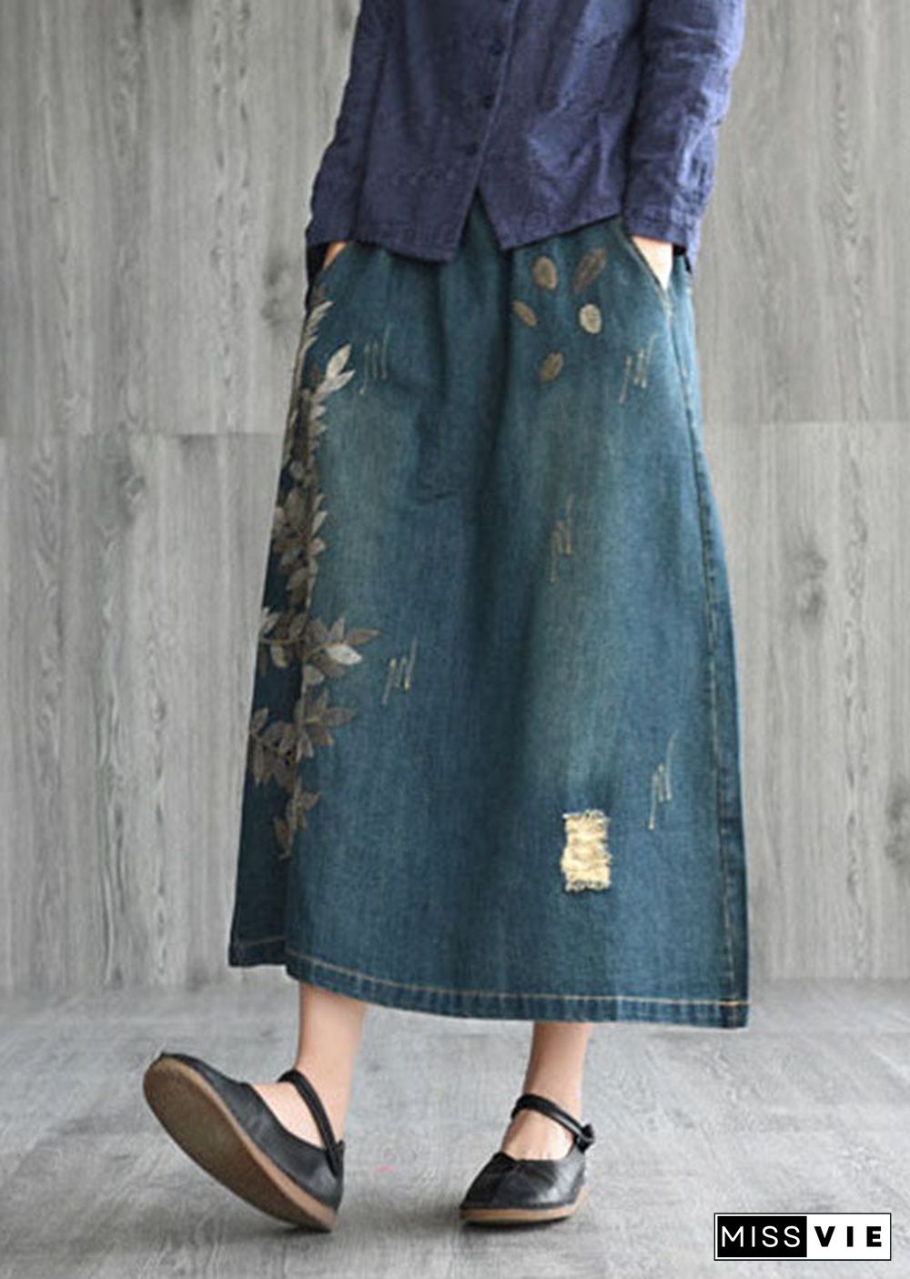 Unique Navy Patchwork Embroideried Denim Skirt Spring