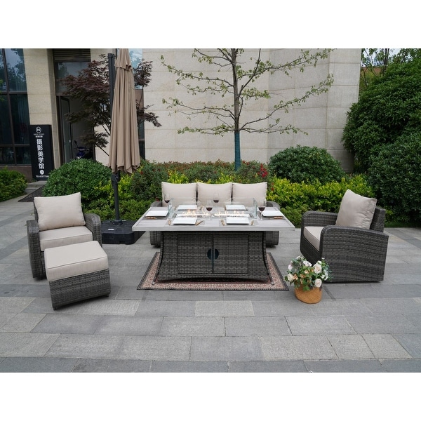 5Piece Wicker Patio Sofa Set with Gas Firepit And Ice Bucket by None