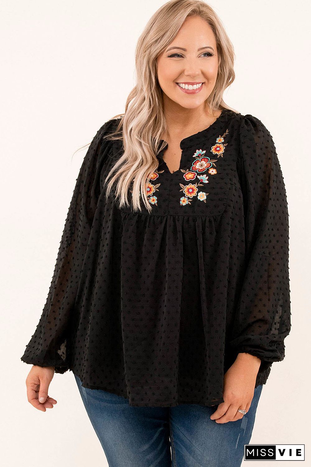 Black Embroidered Swiss Dot Texture Plus Size Blouse