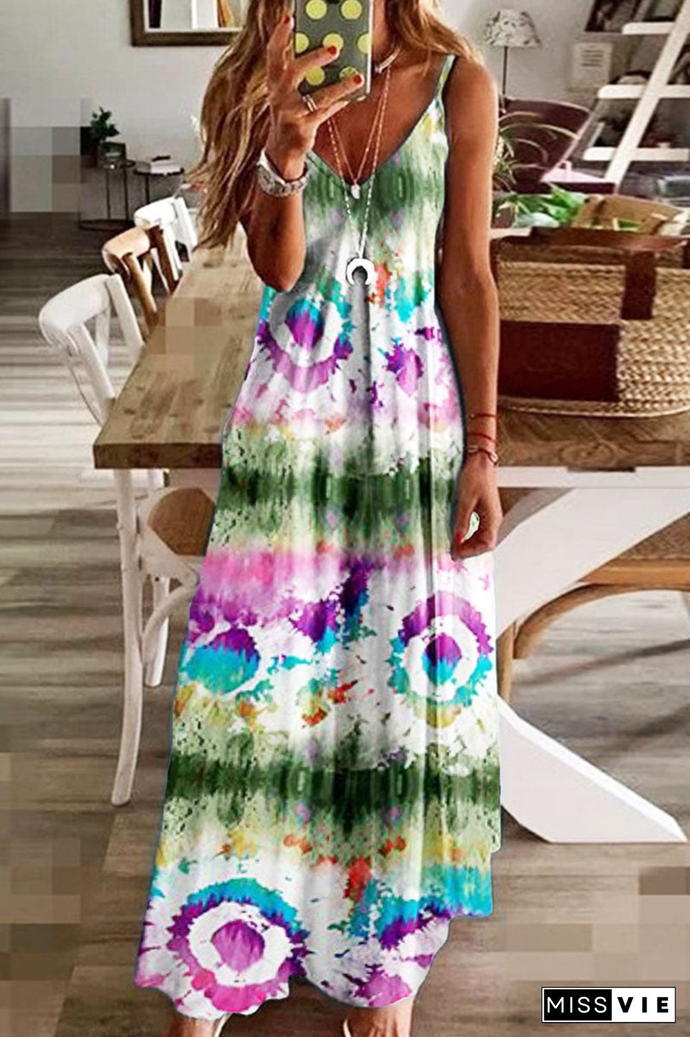 Fashion Sweet Print Split Joint V Neck Princess Dresses