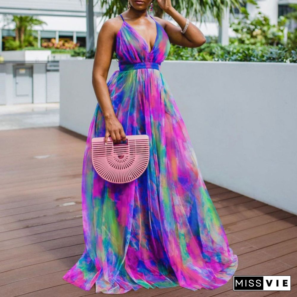 Fashion Elegant Sleeveless Sling Party Dress Sexy Deep V Backless Lady Maxi Dresses Casual Tie-Dye Print Women Beach Long Dress