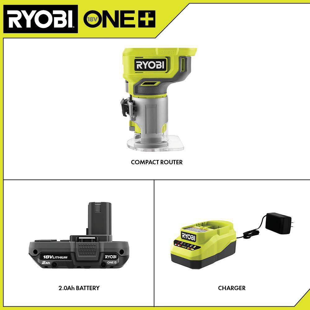 RYOBI ONE+ 18V Cordless Compact Router Kit with 2.0 Ah Battery and Charger PCL424K1