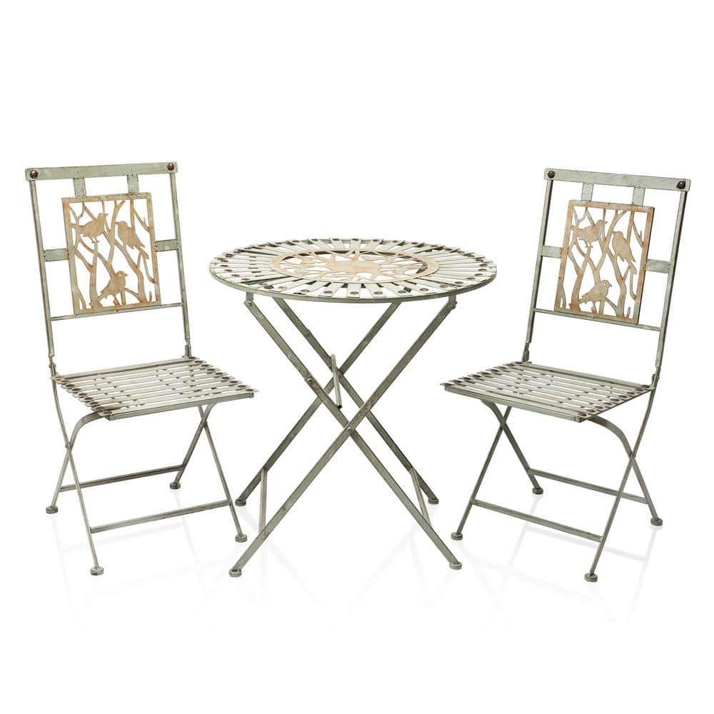 Alpine Corporation Indoor/Outdoor Bird Design 3-Piece Iron Bistro Set Folding Table and Chairs Patio Seating MOD102A